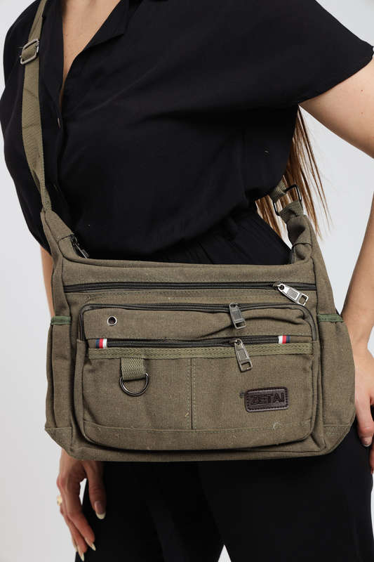 Canvas Unisex Multi Zipper Sling Shoulder Bag Crossbody Travel Messenger Bag