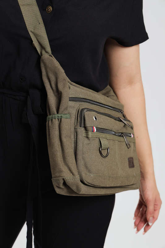Canvas Unisex Multi Zipper Sling Shoulder Bag Crossbody Travel Messenger Bag