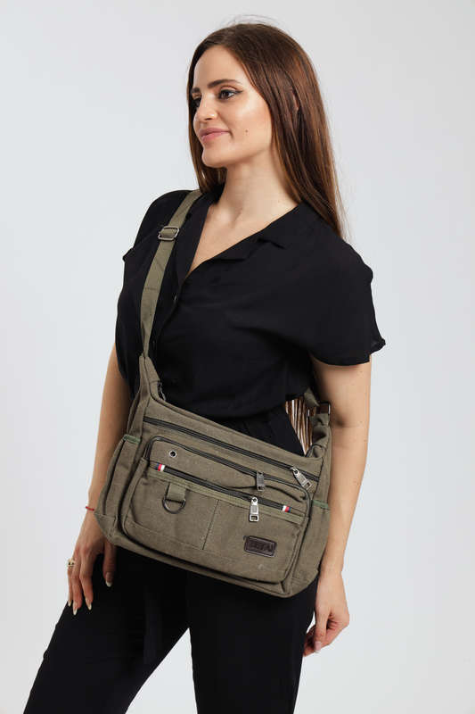 Canvas Unisex Multi Zipper Sling Shoulder Bag Crossbody Travel Messenger Bag