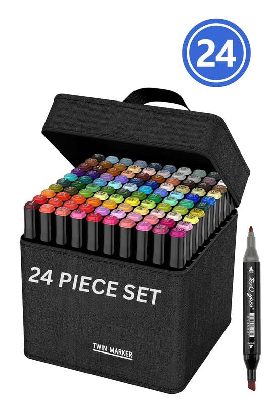 Dual Tip Head Colouring Marker Pen Set With Carry Bag 24s