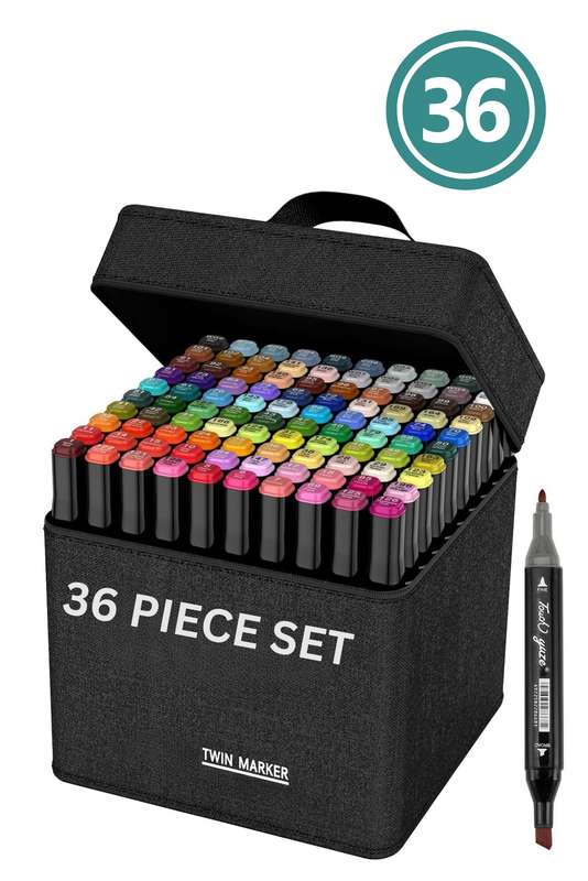 Dual Tip Head Colouring Marker Pen Set With Carry Bag 36s