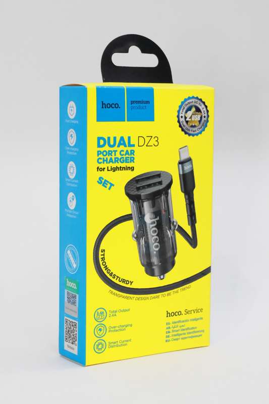 HOCO Dual Port Car Charger Set With Cable USB TO iPhone