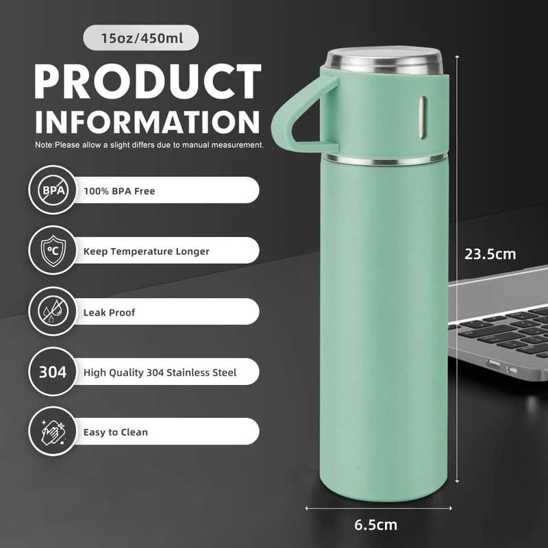 Thermos Vacuum Double Wall Of Stainless Steel Flask Set With 3 Cups 500ml