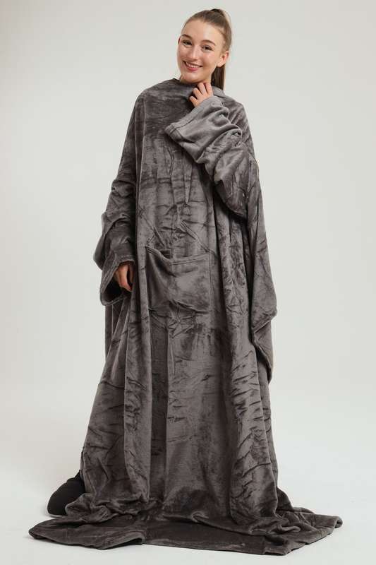 Wearable Fleece Throw Blanket with Sleeves and Foot Pockets