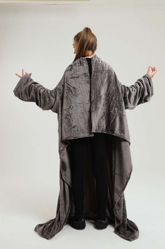 Wearable Fleece Throw Blanket with Sleeves and Foot Pockets