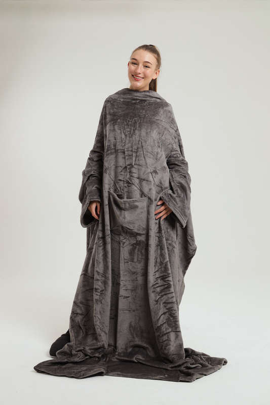 Wearable Fleece Throw Blanket with Sleeves and Foot Pockets