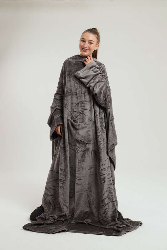 Wearable Fleece Throw Blanket with Sleeves and Foot Pockets