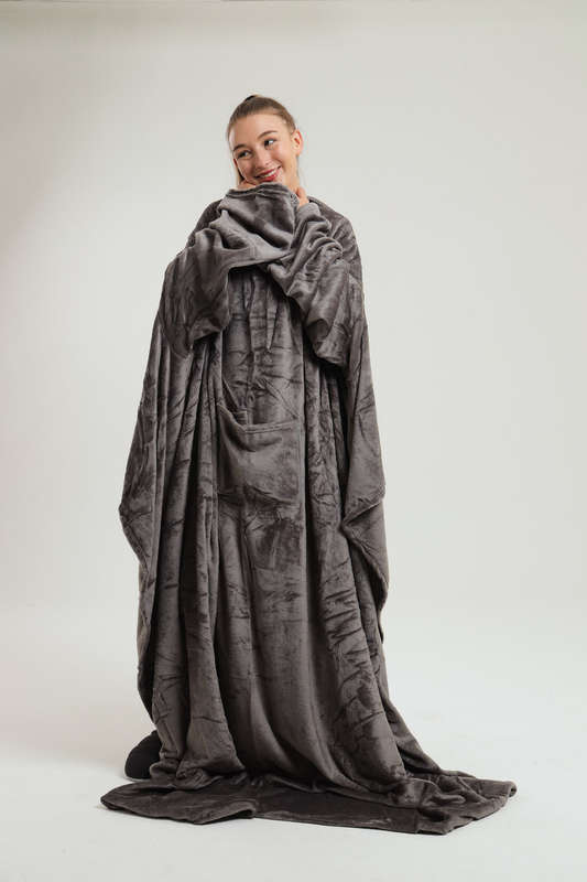 Wearable Fleece Throw Blanket with Sleeves and Foot Pockets