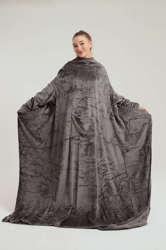 Wearable Fleece Throw Blanket with Sleeves and Foot Pockets