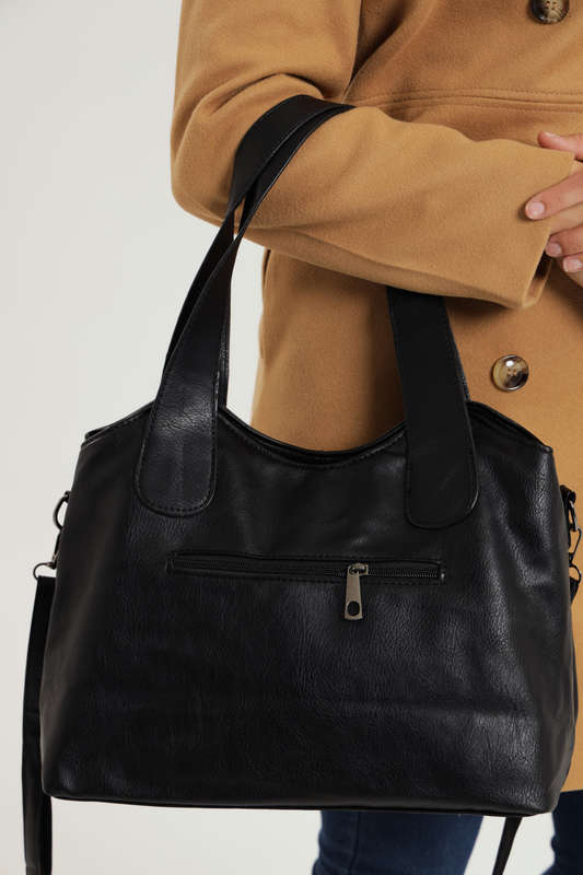Ladies Faux Leather Handbag With Multiple Compartments Black