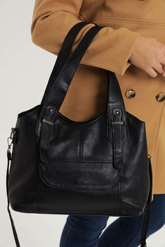 Ladies Faux Leather Handbag With Multiple Compartments Black