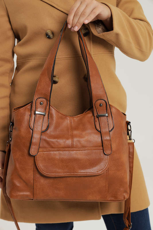 Ladies Faux Leather Handbag With Multiple Compartments Brown