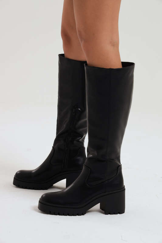 ULANKA Block Heel Knee High Chunky Black Boots
