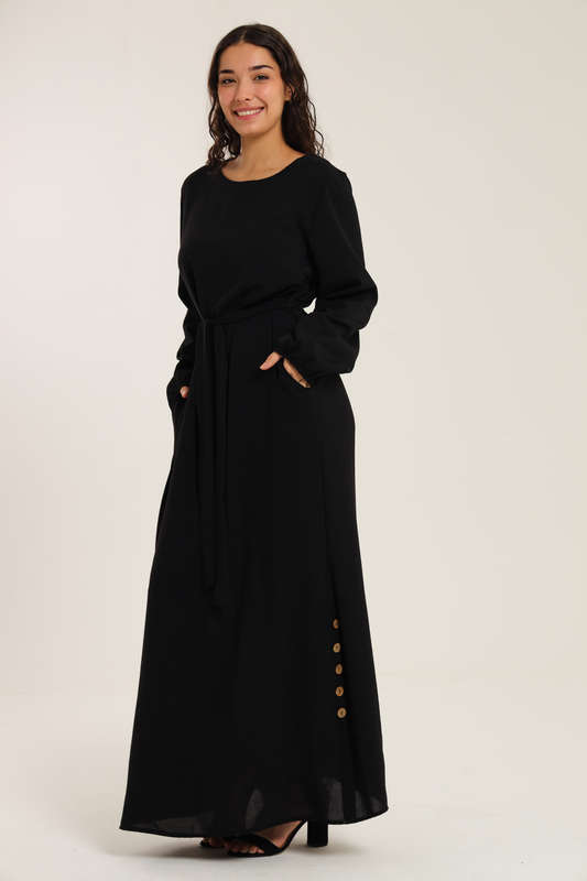 Emma Classic Maxi Long Sleeve Black Abaya Kaftan Belted Cloak Dress With Pockets