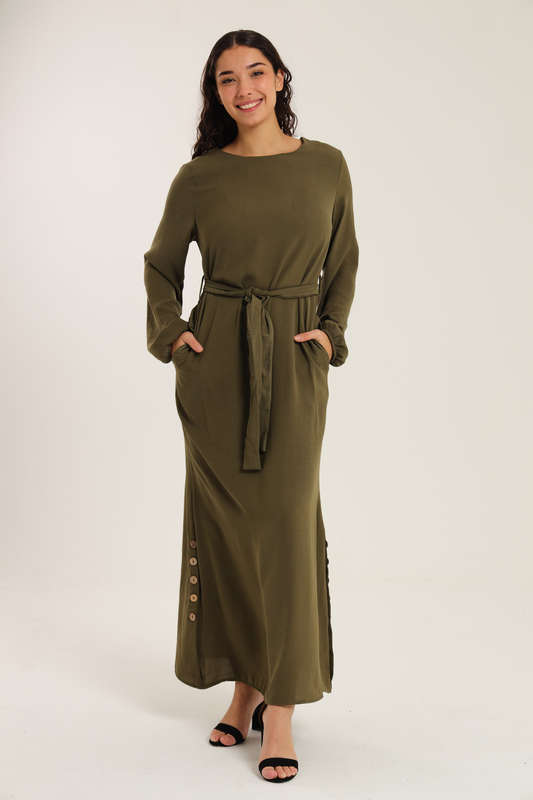Emma Classic Maxi Long Sleeve Abaya Kaftan Belted Cloak Dress With Pockets
