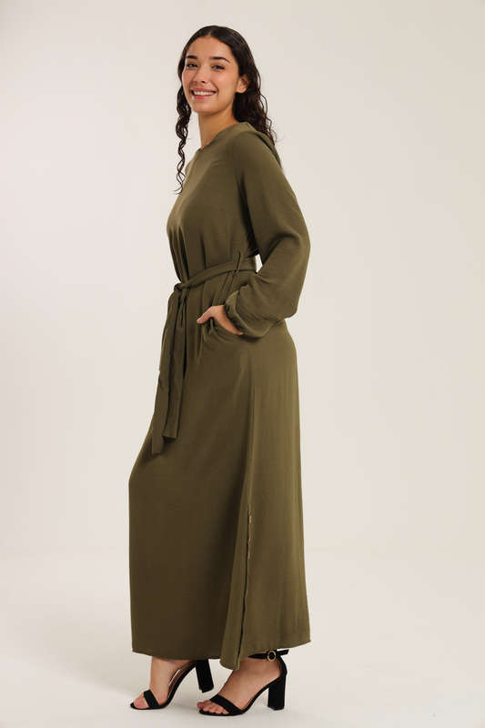Emma Classic Maxi Long Sleeve Abaya Kaftan Belted Cloak Dress With Pockets