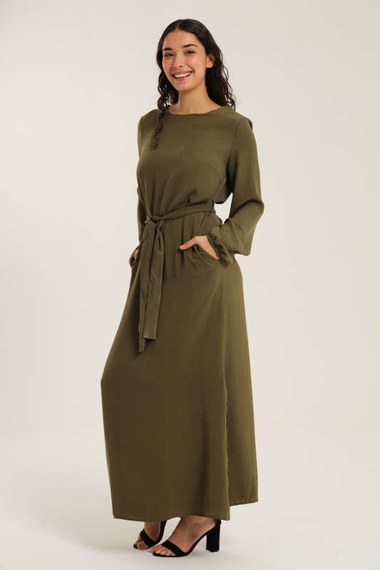 Emma Classic Maxi Long Sleeve Abaya Kaftan Belted Cloak Dress With Pockets