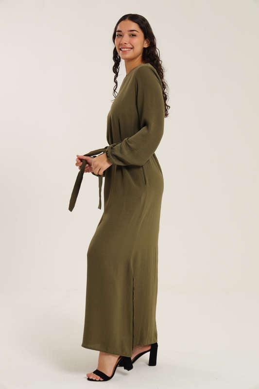 Emma Classic Maxi Long Sleeve Abaya Kaftan Belted Cloak Dress With Pockets