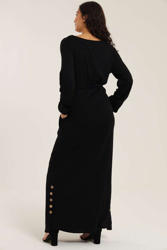 Emma Classic Maxi Long Sleeve Black Abaya Kaftan Belted Cloak Dress With Pockets