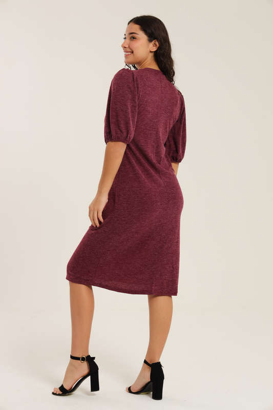 Fine Wine Evening Midi Dress With Puff Sleeves