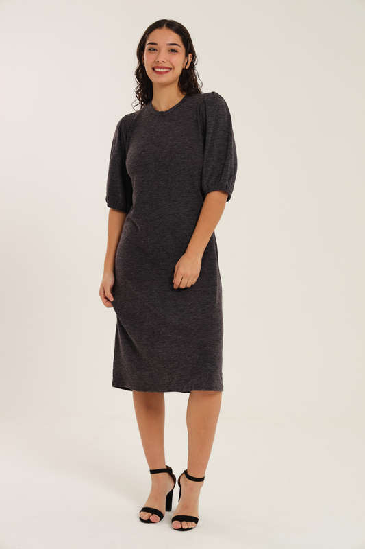 Fine Wine Evening Midi Dress With Puff Sleeves