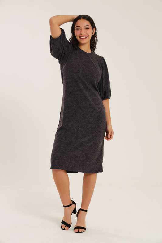 Fine Wine Evening Midi Dress With Puff Sleeves