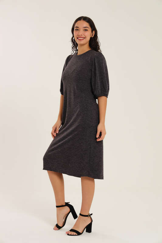 Fine Wine Evening Midi Dress With Puff Sleeves