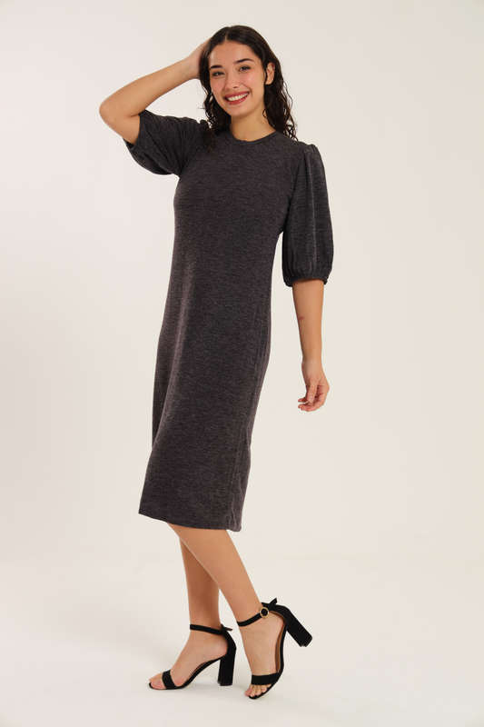 Fine Wine Evening Midi Dress With Puff Sleeves