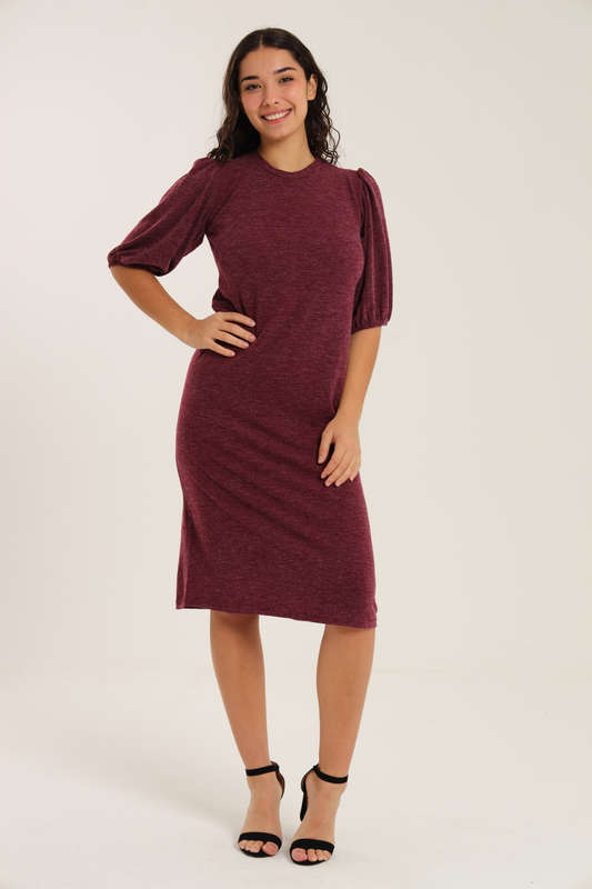 Fine Wine Evening Midi Dress With Puff Sleeves