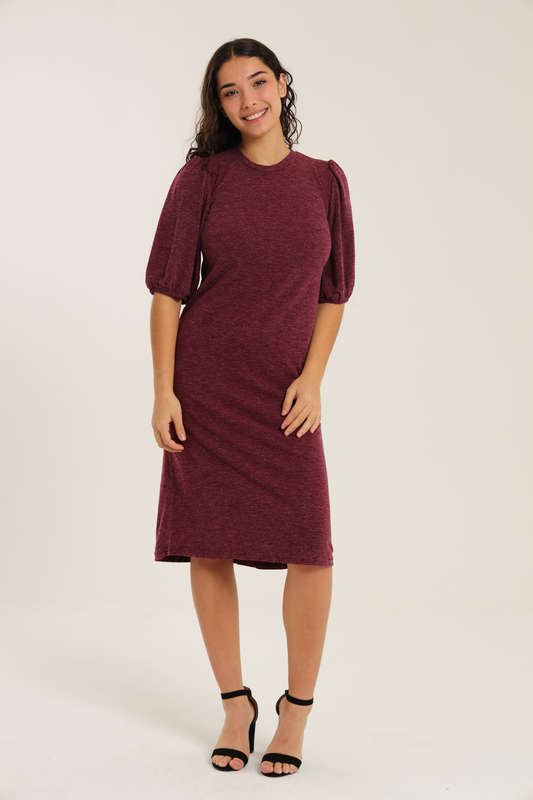 Fine Wine Evening Midi Dress With Puff Sleeves