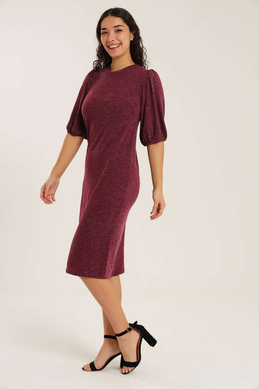 Fine Wine Evening Midi Dress With Puff Sleeves