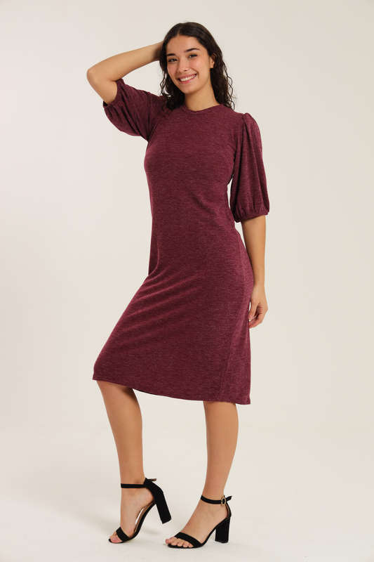 Fine Wine Evening Midi Dress With Puff Sleeves