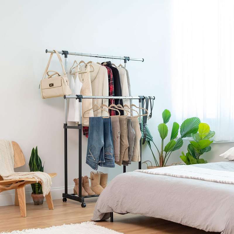 Portable Double-Rod Height Adjustable Clothes Rack with Extendable Bar