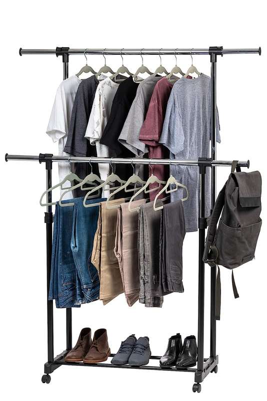 Portable Double-Rod Height Adjustable Clothes Rack with Extendable Bar