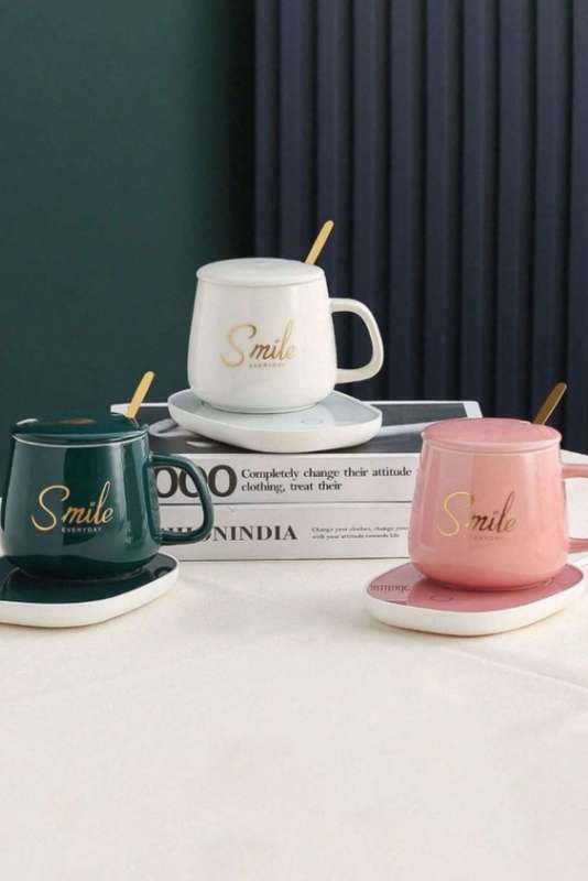 Smart Ceramic Coffee Warming Coaster 4 Piece Heated Mug Set Smile