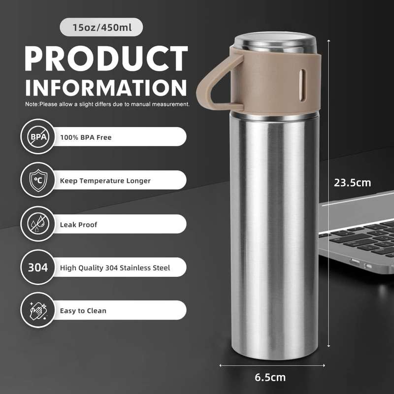 Thermos Vacuum Double Wall Of Stainless Steel Flask Set With 3 Cups 500ml