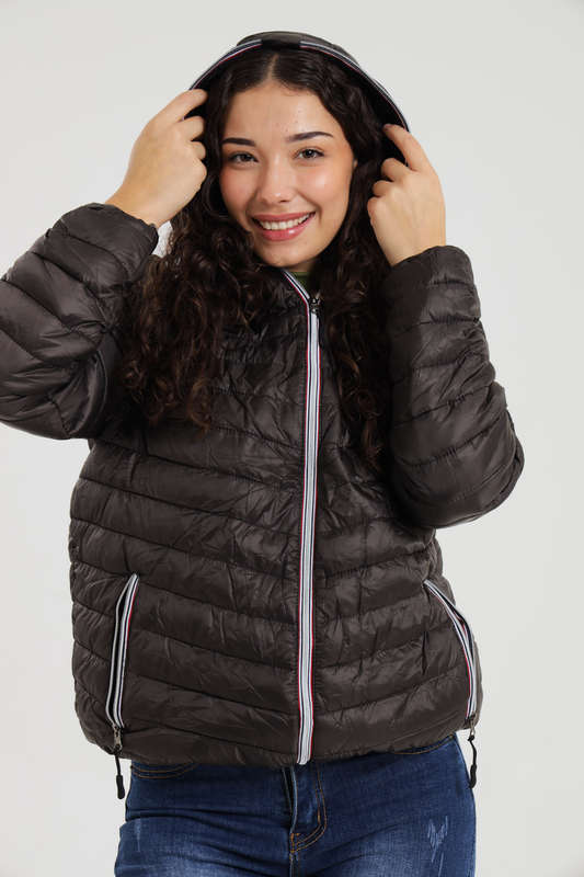 Unisex Hooded Puffer Jacket With Easy Carry Bag Dark Grey