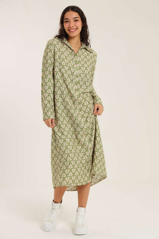 Asher Printed Long Sleeve Button Down Shirt Dress