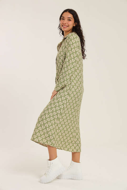 Asher Printed Long Sleeve Button Down Shirt Dress