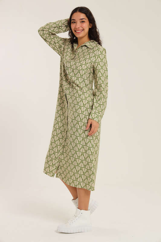Asher Printed Long Sleeve Button Down Shirt Dress