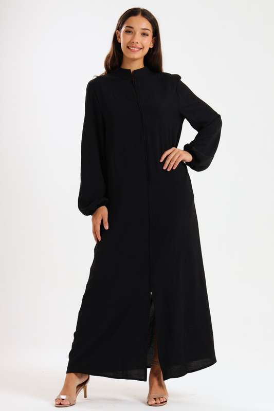 Aafreen Zipp-Up Long Sleeve Loose Fit White Abaya Cloak Dress With Pockets