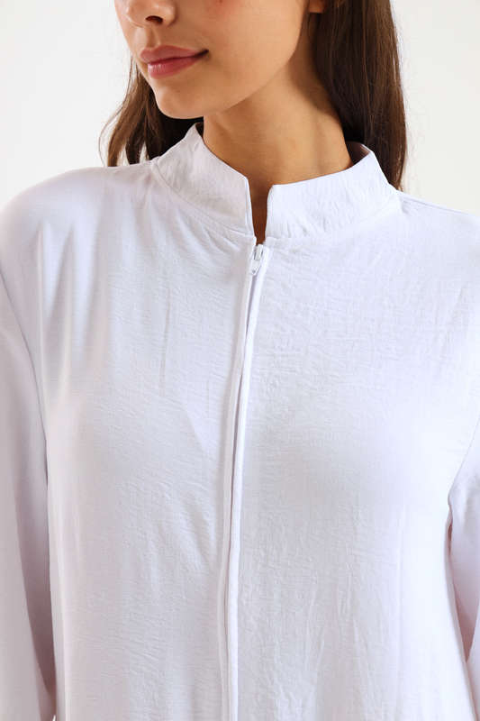 Aafreen Zipp-Up Long Sleeve Loose Fit White Abaya Cloak Dress With Pockets