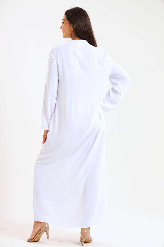 Aafreen Zipp-Up Long Sleeve Loose Fit White Abaya Cloak Dress With Pockets