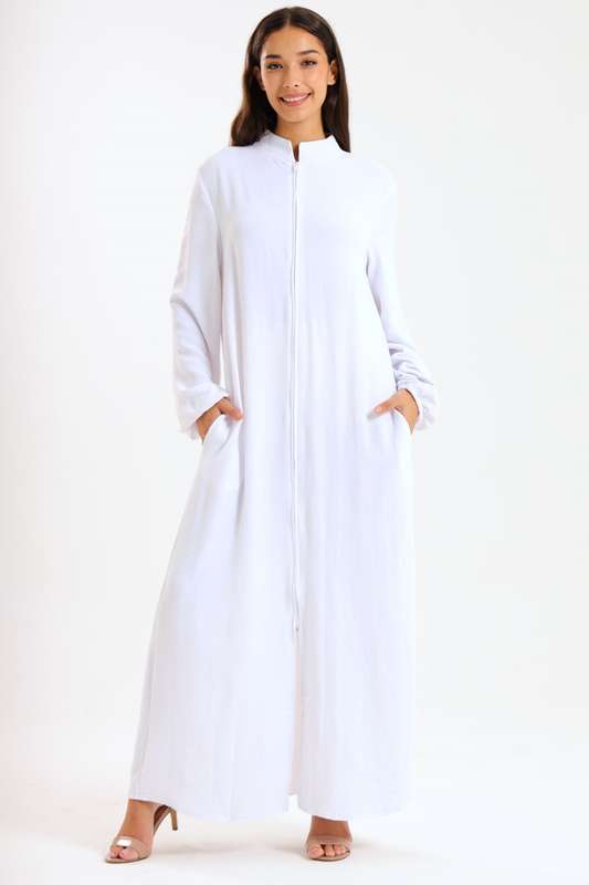Aafreen Zipp-Up Long Sleeve Loose Fit White Abaya Cloak Dress With Pockets