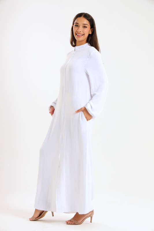 Aafreen Zipp-Up Long Sleeve Loose Fit White Abaya Cloak Dress With Pockets