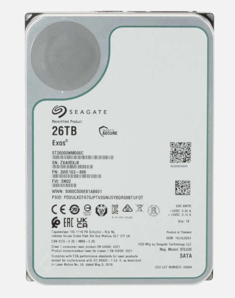26TB Seagate Exos, (Enterprise), 3.5'', SATA 6Gb/s, 7200 RPM, Factory Recert.(1Yr Warranty) Hard ...