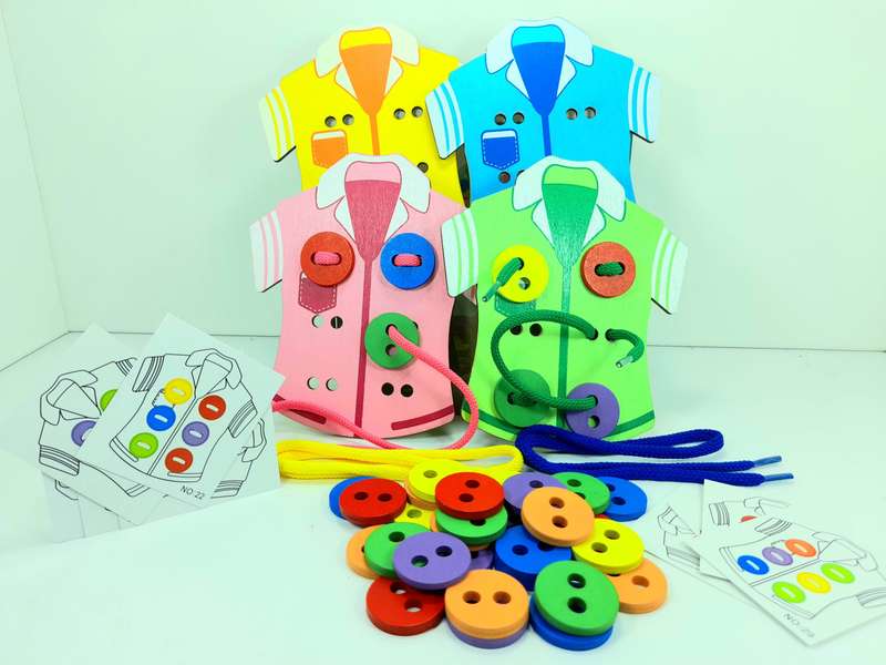 clothes button threading toys and activity cards Shirts Lacing Buttons Colour Matching Kids Threa...