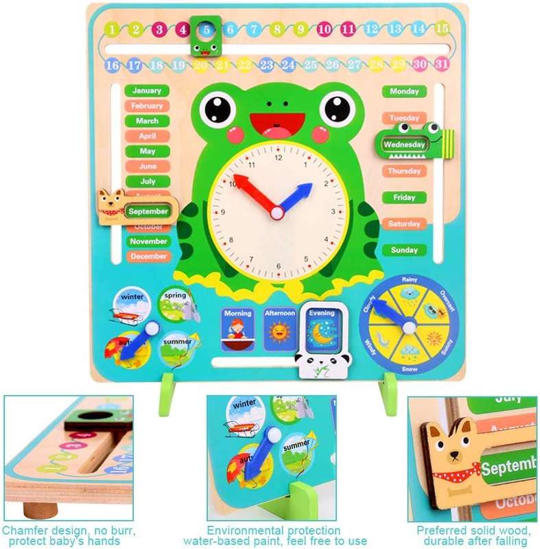 multifunctional calendar/ weather clock Children Clock Calendar Toy Cartoon Frog Wooden Clock for...