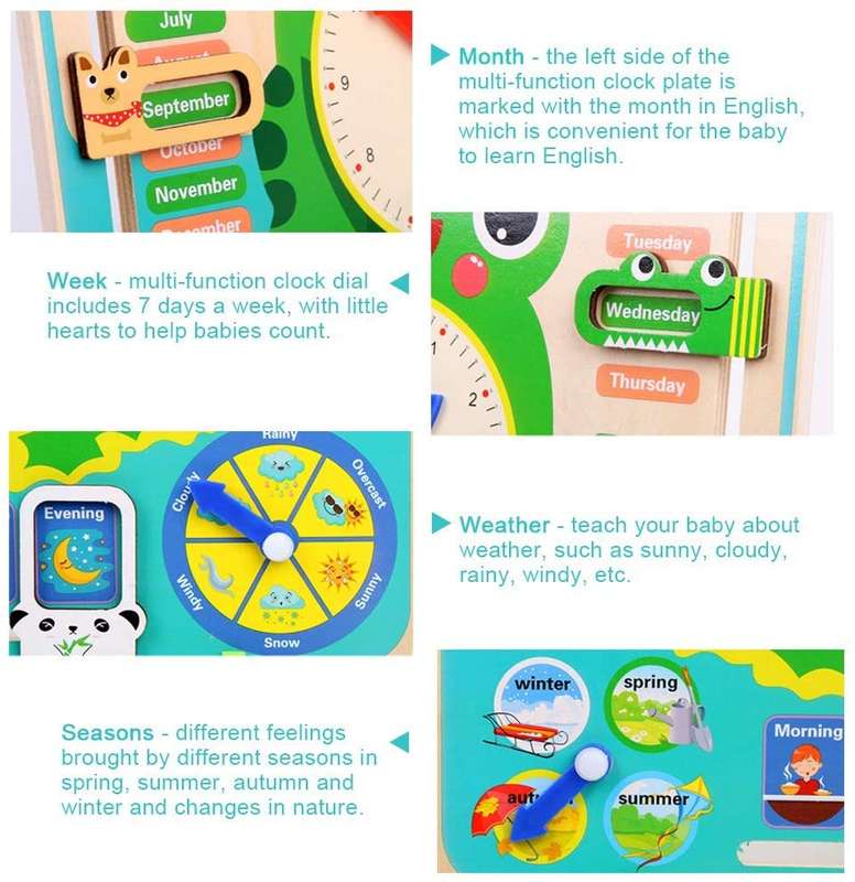 multifunctional calendar/ weather clock Children Clock Calendar Toy Cartoon Frog Wooden Clock for...