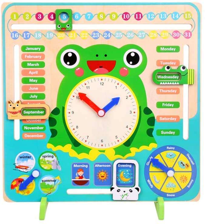 multifunctional calendar/ weather clock Children Clock Calendar Toy Cartoon Frog Wooden Clock for...